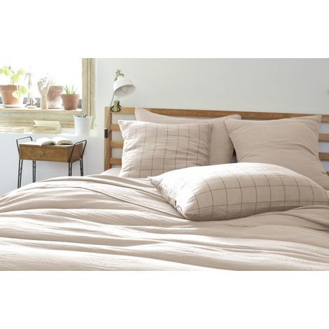 Taie d'oreiller Tissé-teint grands carreaux Déco "Gaïa Match" 60 x 60 cm & 50 x 70 cm "Gaze de Coton" - Gaïa Match Pampa - 60 x 60 cm - Gaïa Match Pampa - (1/3)