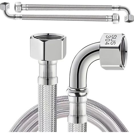 2 tuyaux flexibles (3/8" Üwm x 3/8" Üwm (coudes à 90°), tuyau flexible en acier inoxydable de 30 cm, tuyau flexible blindé de avec coudes à 90°, tuyau pour robinet, robinet d'arrêt (1/5)