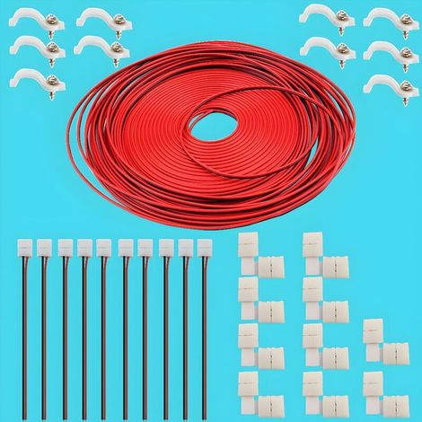 3528 Kit de conector de banda LED con 2 broches - Kit de 10 trenzas de banda LED y 10 conectores L, cable de rallonge de 32,8 pi