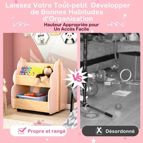 2 niveaux bibliothèque enfant avec roulettes, rangement livres et jouets, étagère rose en forme d'arbre (1/5)