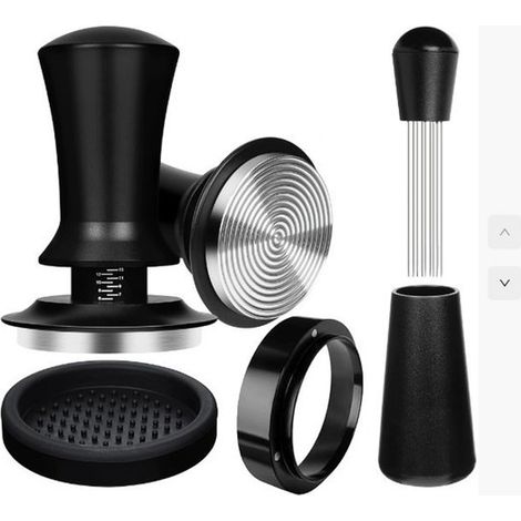 Zubehörset für 51-mm-Espressomaschinen, bestehend aus Espressopulverspender, kalibriertem, federbelastetem Tamper und Dosiertrichter. (1/5)
