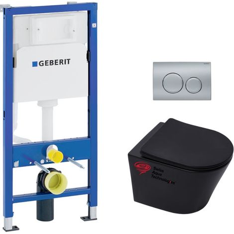 Pacchetto per WC Bati-support Geberit Duofix + WC SAT Infinitio senza flangia in nero opaco + sedile anticaduta + placca cromata