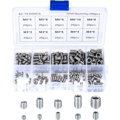 200 Pièces Vis Sans Tête en Acier Inox, M3 M4 M5 M6 M8 Vis à Métaux, Assortiment Kit de Fixations Vis Pointeau (1/5)