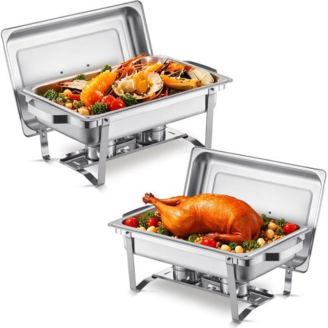 VEVOR Chauffe-Plat Rectangulaire 2PCs 7,5 L, Buffet Chauffant avec 2 Bacs Pleine Taille, Rechaud en Acier Inoxydable, avec Couvercle, pour Buffet Libre-Service Hotel Traiteur Restauration, Argente