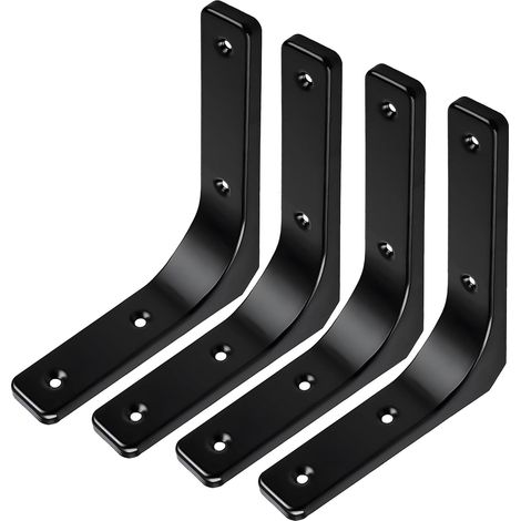 Un ensemble de 4 supports comprend un support mural flottant en soie noire à 90 degrés et un support d'angle métallique en forme de L (15 cm). (1/4)