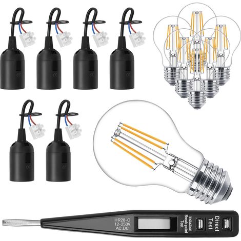 Lot de 6 douilles E27 pour rénovation, douille de chantier, douille E27 + testeur de tension - 6 ampoules LED blanc chaud - douille de remplacement 250 V, douille de chantier avec câble (1/5)