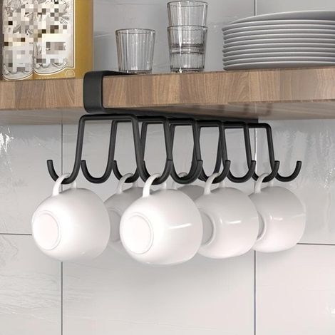 Porte-verres suspendu - Étagère à tasses inversée (1 pièce) pour la cuisine, montage sans vis, noir (1/4)