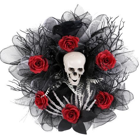 Totenkopfförmiger Halloween-Kranz mit roten Rosen, aus Netzgewebe gefertigt und mit einem Totenkopf verziert, gotische Dekoration zum Aufhängen an der Tür, gruselige Halloween-Dekoration für Zuhause, (1/5)