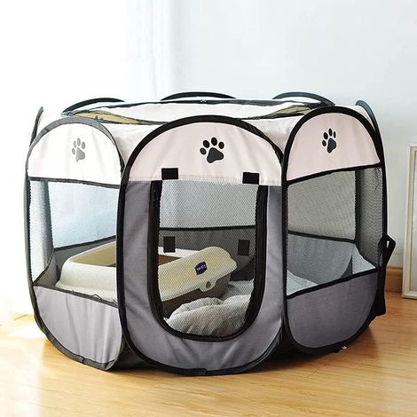 Parc pour animaux gris pliable octogonal, enclos chat et chien, tente portable pour mise bas et espace sécurisé intérieur