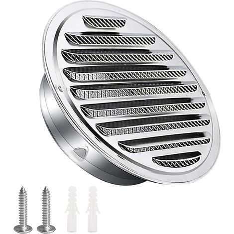 Grille d'aération en acier inoxydable 100mm avec vis et chevilles Protection contre les intempéries Lamelles avec moustiquaire et boucle Grille d'évacuation d'air ronde Visser et bride Grille (1/5)