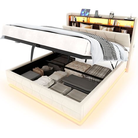Lit en velours beige 160x200 cm avec LED, tête de lit de rangement, ports USB/Type-C et sommier à lattes (1/5)