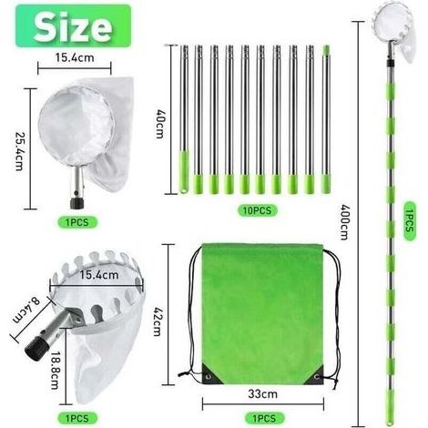 4M Cueille Fruit Telescopique, Ramasse Pomme INOX et Sac de Rangement, Poteau Réglable Cueille Fruit pour Pommes Poires Oranges Pêches Cerises
