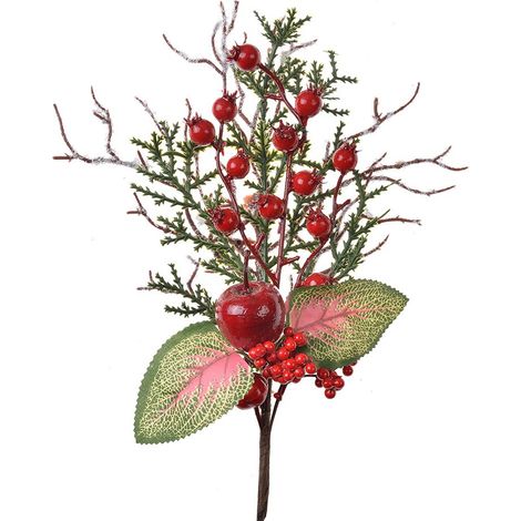 Branche Décorative de Noël avec Fleurs Artificielles en Plastique Rouge et Vert 37 cm - PANGIVO