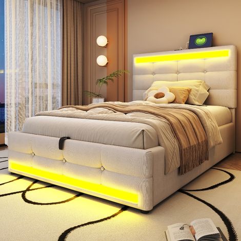 Polsterbett 90x200 mit LED-Beleuchtung und USB-Anschluss, Einzelbett mit Stauraum und verstellbarem Kopfteil, Leinenstoff Beige (1/5)