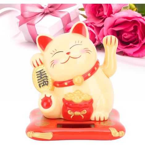 Figurine de chat porte-bonheur de taille moyenne, à énergie solaire et à manivelle, idéale pour décorer un bureau, une entrée ou une voiture. Chat jaune de style japonais. (1/5)