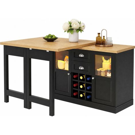 Mesa de Comedor Extensible con 2 Cajones, 2 Armarios, Botellero e Iluminación LED, de MDF, Negro (1/5)