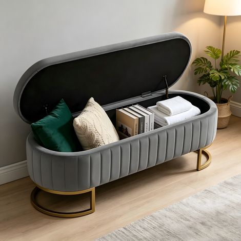 Sofá cama de terciopelo con espacio de almacenamiento, 130 cm - Patas de metal dorado - Banco tapizado con almacenamiento para dormitorio, recibidor o sala de estar. (1/5)