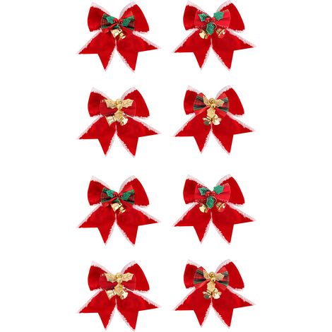 Nœud Papillon De Noël - Avec Clochettes Métalliques - Pour Arbre De Noël Et Décoration Intérieure - Lot De 8 (1/5)