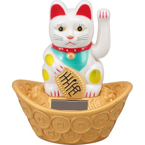Chat Solaire Porte-Bonheur Agitant la Patte, Décoration Bureau Maison Blanc MLY358C (1/5)