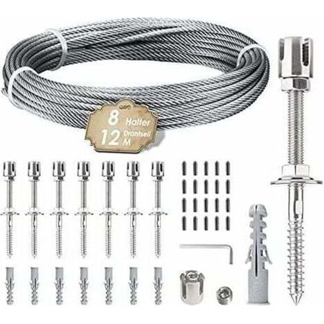 Kletterpflanzenstütze, 12 m Edelstahlseil-Aufhängeset mit 3 mm Edelstahlseil und 8 Spannern für Garten/Betonwand/Zaun/Massivholz (-Muntra (1/4)