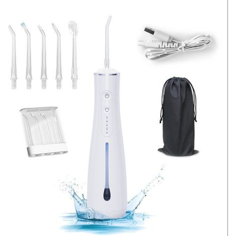 Jet Dentaire Hydropulseur électrique rechargeable sans fil 4 modes 300ML Réservoir d'eau IPX7 étanche pour les voyages et la maison (Blanc) (1/5)
