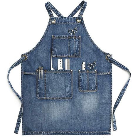 Tablier unisexe en jean bleu pour coiffeur, artisans, barista, barbecue, avec poches pratiques pour homme et femme (1/5)