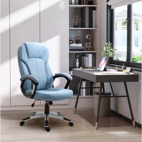 Chaise de bureau ergonomique en lin bleu clair, dossier haut, pivotante 360°, H 110-120 cm (1/5)