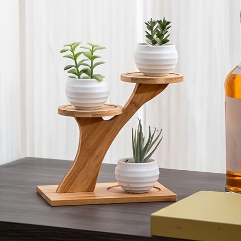 Stand de plante en bambou à deux niveaux élégant support d'affichage de base en bois rond pour petites plantes en pot 1 (1/5)
