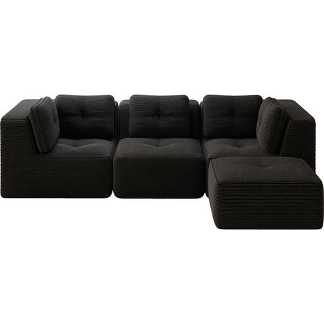 Canapé d'angle modulable en velours côtelé noir avec méridienne, 3 places, sans montage (1/5)
