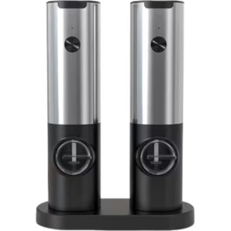 Juego de 2 molinillos eléctricos de sal y pimienta, de plástico, con base de carga y luz LED, color negro. (1/4)