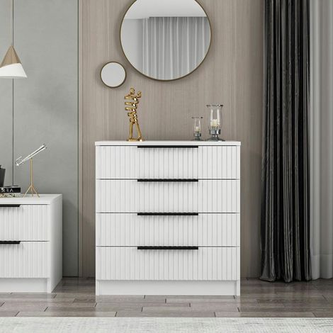 Commode blanche moderne 4 tiroirs, façade rainurée BYRON