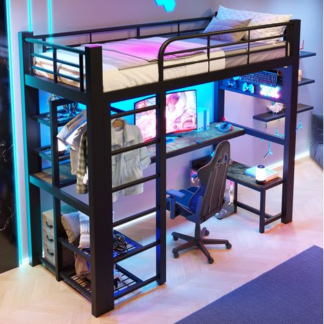 Cama alta infantil 90x200 cm con escritorio, almacenaje, barra de colgar y LED, negro HAVRYA (1/5)
