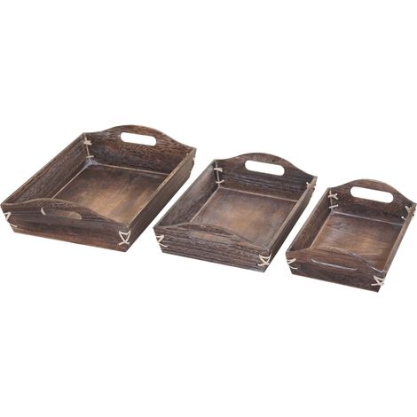 [NON UTILIZZATO] Set 3x vassoi decorativi cucina shabby vintage HHG-805 legno paulonia marrone