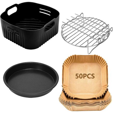 21CM Accessoires Air Fryer Compatible pour Philips XL 6,2L, COSORI 5,5L 4,7L, Cecotec 5,5L 6L, 4PCS Réutilisable Moule Silicone Air Fryer, Plateau à pizza, Grille, Papier Cuisson Air Fryer (1/5)