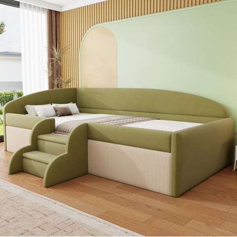 MEUBLIV Bettgestell 90x190 cm dunkelgrün/cremeweiß – mit Stufen und Schutzbügel, ohne Matratze (1/5)