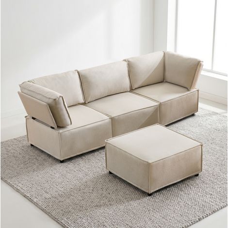 Divano modulare in lino beige con pouf, 238 x 154 x 75 cm OKMYHOME (1/5)