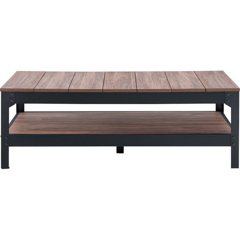 Calicosy – Table basse fixe métal noir et bois 117cm – Structure en panneaux de particules – Piétement métallique laqué noir – Finition ton bois papier (1/4)