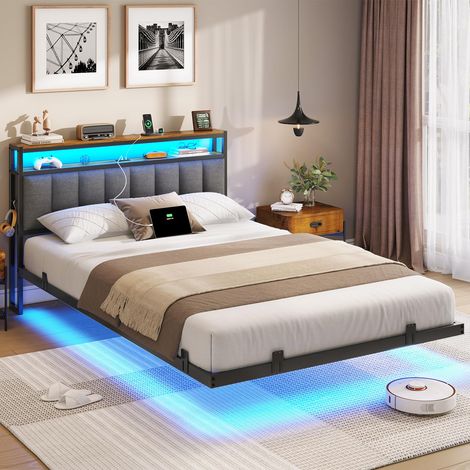 Cadre de Lit 140x200 avec Multiprise et Éclairage LED, Lit 2 Personnes Flottant avec Tête de Lit Rangement, avec Sommier en Métal, Structure Stable, Lin Gris Foncé(sans Matelas) (1/5)