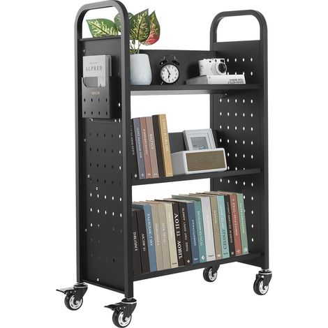 VEVOR Carrello Portalibri con Ruote 770 x 380 x 1220 mm Carrello Rotante Porta Libri, Carico 150 kg Ripiani a V Monofacciali con Ruote Bloccabili 7,6 cm per Scaffali di Casa, Ufficio e Scuola, Nero (1/5)