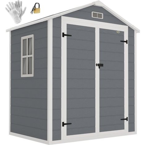 Abri de jardin 6x4,5 ft avec double portes verrouillables, fenêtre, ventilation et toit plastique, gris (1/5)
