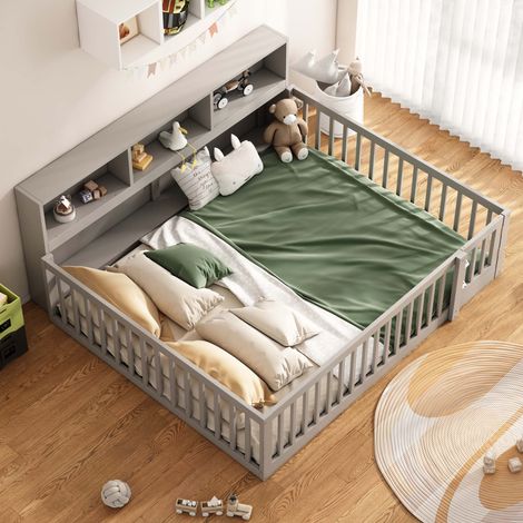Daybed 140x200 cm en bois avec sommier à lattes, lit banquette enfant avec barrières de sécurité, rangements latéraux, sans matelas, gris (1/5)