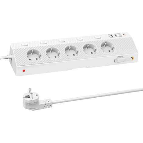 Multiprise de table avec 2 ports USB C (PD 30 W) - Multiprise 5 prises avec interrupteur - Multiprise avec USB - 4000 W/16 A - Avec câble de 2 m - Pour la maison, le bureau et les voyages - Blanc - 2 (1/5)