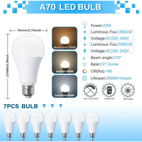 (7 ampoules, lumière naturelle 4000K) Ampoules LED A70, sans scintillement, indice de rendu des couleurs CRI 80+, convient aux chambres, couloirs, etc. (1/5)