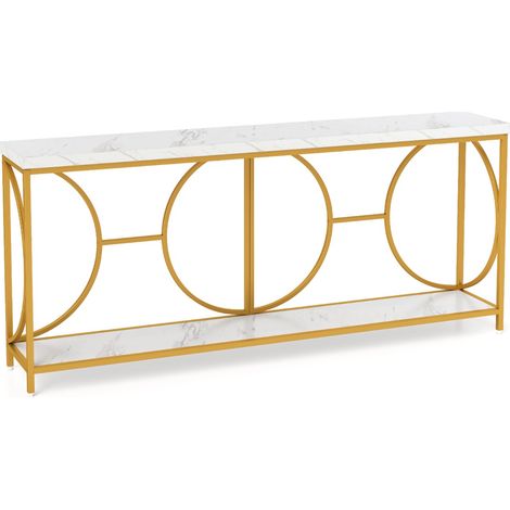 Tavolo console a 2 livelli con superficie in marmo finto, Tavolo console stretto da 180 cm per ingresso Bianco + Oro (1/4)
