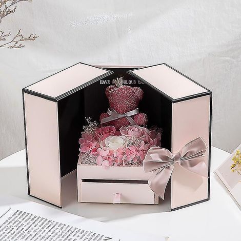 Coffret cadeau d'anniversaire pour maman - Ours en mousse avec trois roses rouges séchées, présent de la fille ou du fils (1/4)