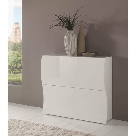 Dmora - Zapatero Dabayom, Mueble multiusos con 2 puertas abatibles, Zapatero de entrada, 100% Made in Italy, cm 101x27h82, Blanco brillo