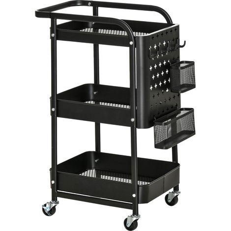 Desserte chariot de rangement pour bureau en métal chariot de service à roulettes 3 niveaux avec 2 range-couverts 4 crochets dim.51,5L x 32l x 75,6H cm - noir