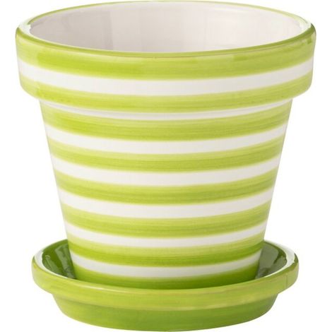 Cache pot rayé vert en poterie peinte - vert et blanc rayé (1/3)