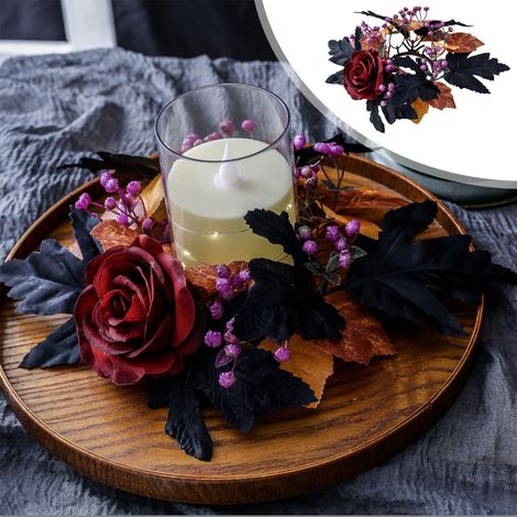 Couronne De Fleurs Artificielles - Roses Rouges Et Feuilles D'érable Noires - Anneau Pour Bougie - 25 Cm - Décoration De Table Et De Porte Pour Halloween (1/5)