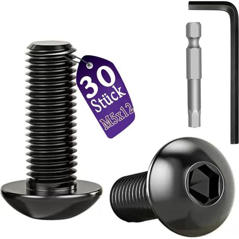 Linsenkopfschrauben, M5 Schrauben Schwarz, Flachkopfschraube Edelstahl A2 V2A, Halbrundkopfschrauben Vollgewinde Möbelschrauben, M5x12mm, 60 Stück mit Schlussel und Schraubendreher Bit